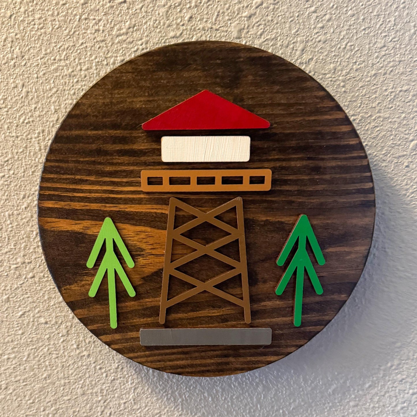 Minimalist Lookout Tower Wall Art (8 x 8 inch round) | Laser Cut & Hand-Painted Wooden Sign for Cabin, Home, RV, man cave, den