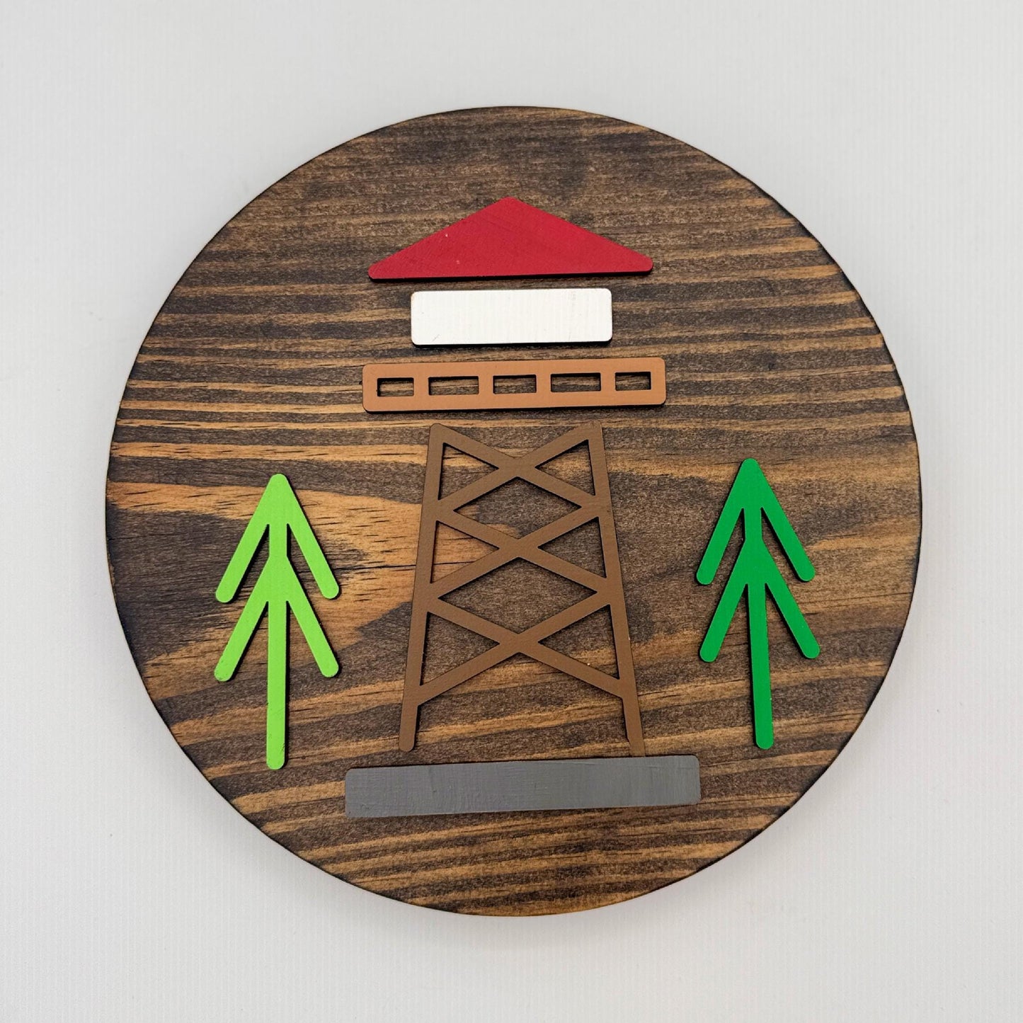 Minimalist Lookout Tower Wall Art (8 x 8 inch round) | Laser Cut & Hand-Painted Wooden Sign for Cabin, Home, RV, man cave, den