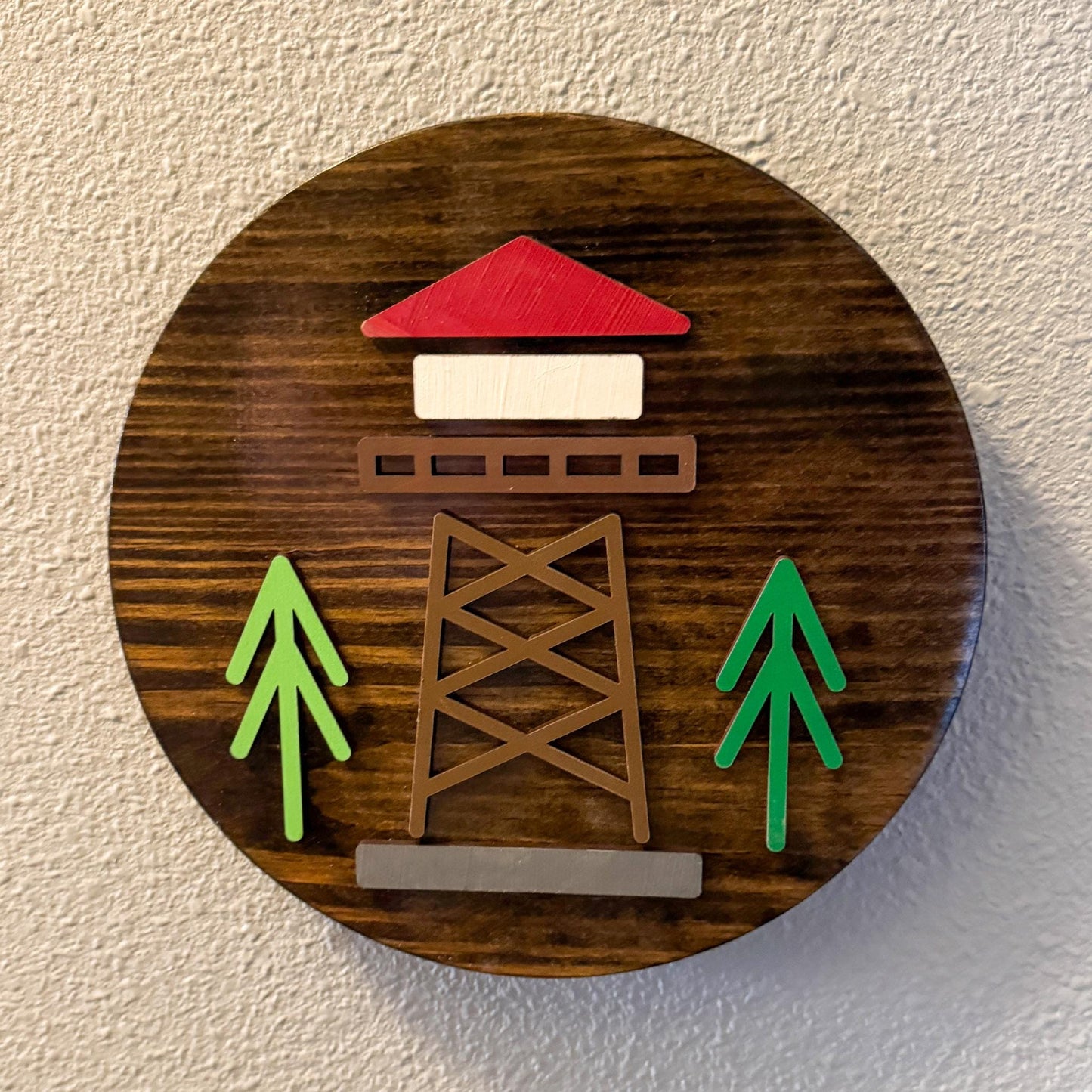 Minimalist Lookout Tower Wall Art (8 x 8 inch round) | Laser Cut & Hand-Painted Wooden Sign for Cabin, Home, RV, man cave, den