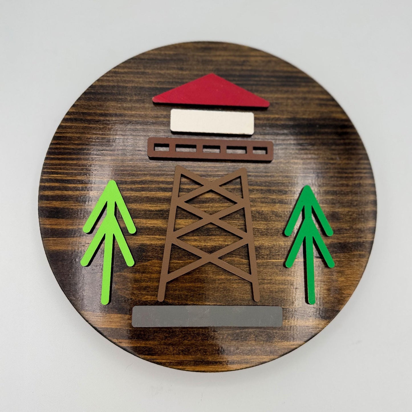 Minimalist Lookout Tower Wall Art (8 x 8 inch round) | Laser Cut & Hand-Painted Wooden Sign for Cabin, Home, RV, man cave, den
