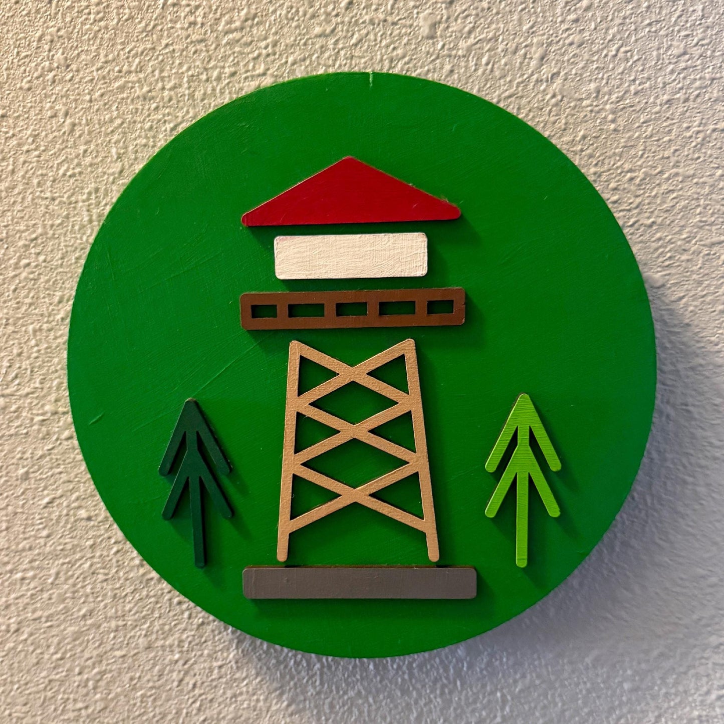Minimalist Lookout Tower Wall Art (8 x 8 inch round) | Laser Cut & Hand-Painted Wooden Sign for Cabin, Home, RV, man cave, den