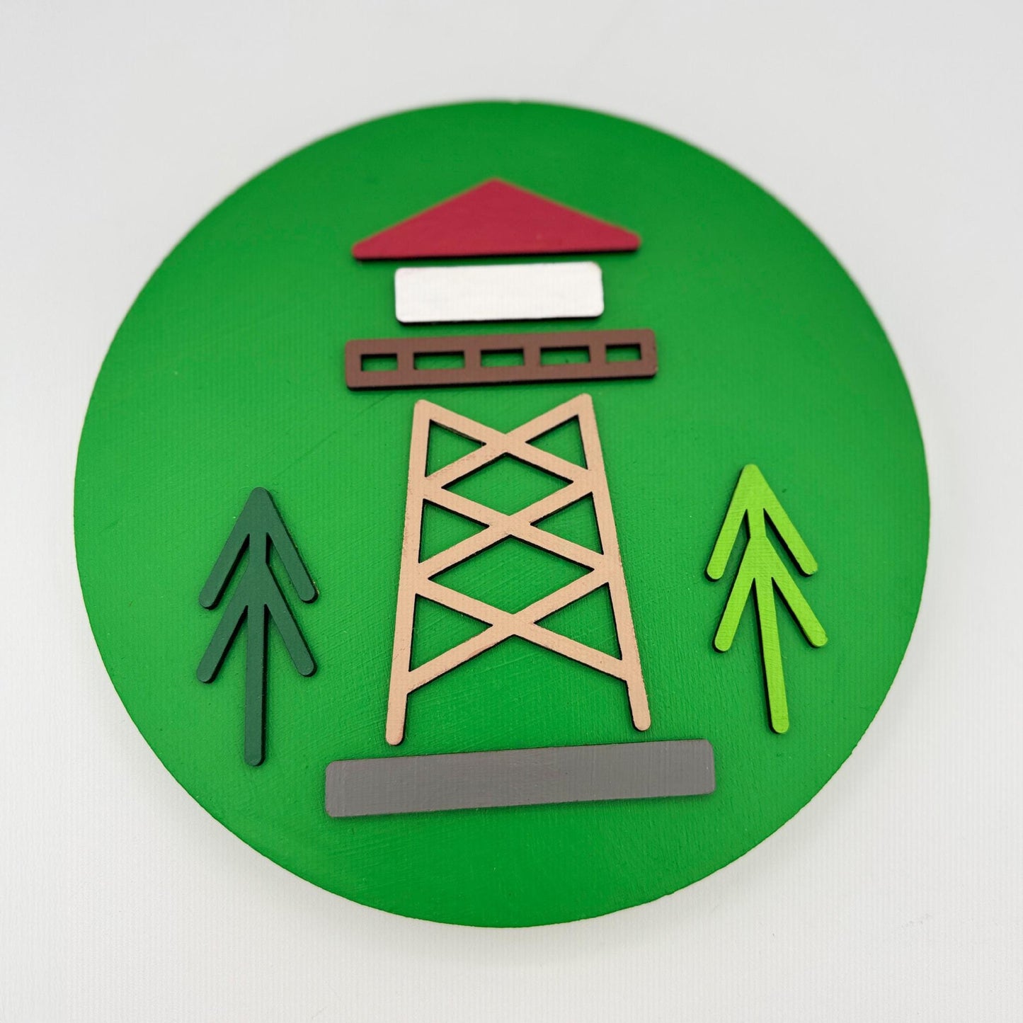 Minimalist Lookout Tower Wall Art (8 x 8 inch round) | Laser Cut & Hand-Painted Wooden Sign for Cabin, Home, RV, man cave, den