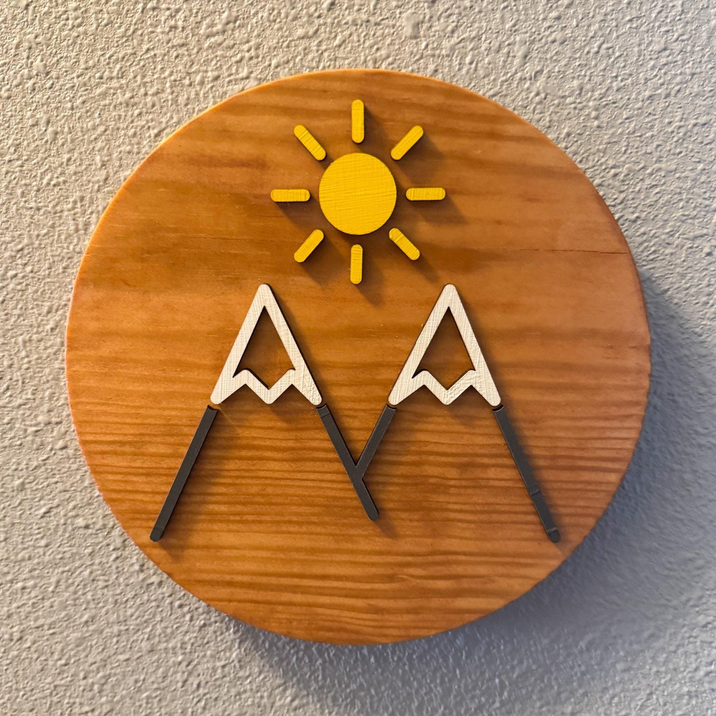 Minimalist Sunny Mountain Wall Art (8 x 8 inch round) | Laser Cut & Hand-Painted Wooden Sign for Cabin, Home, RV, man cave, den