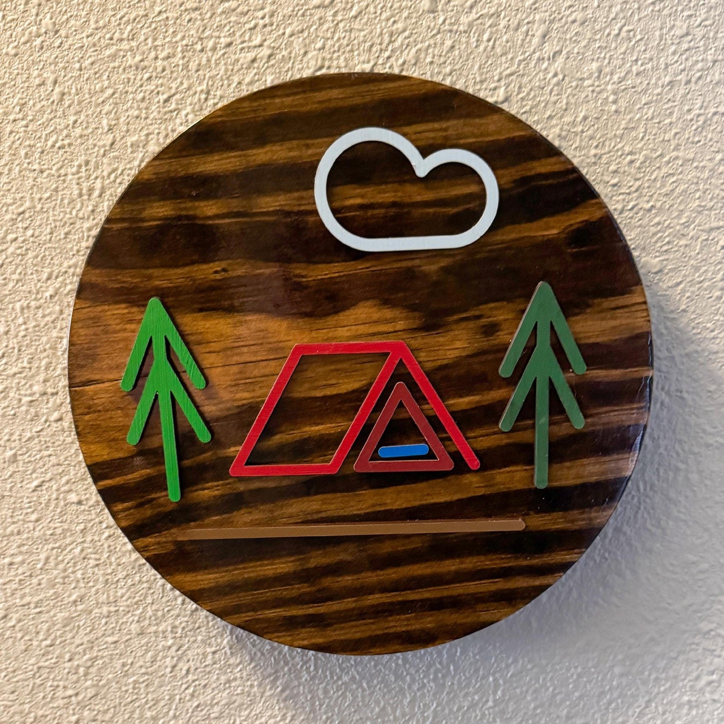 Minimalist Red A Frame Tent Wall Art (8 x 8 inch round) | Laser Cut & Hand-Painted Wooden Sign for Cabin, Home, RV, man cave, den