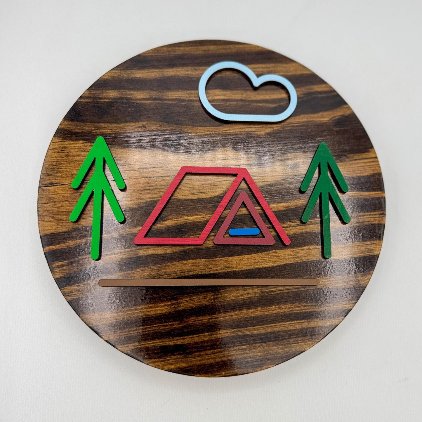 Minimalist Red A Frame Tent Wall Art (8 x 8 inch round) | Laser Cut & Hand-Painted Wooden Sign for Cabin, Home, RV, man cave, den