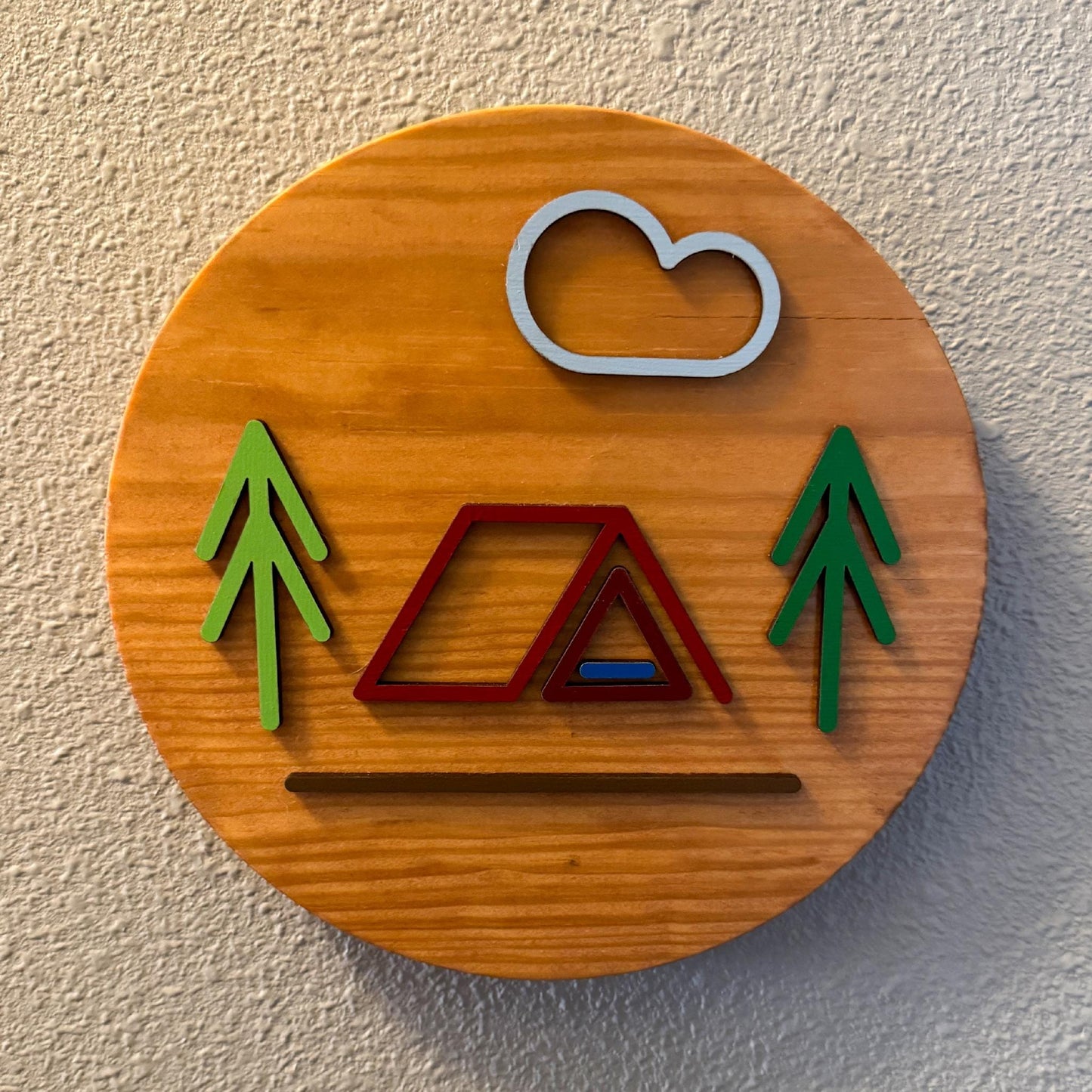 Minimalist Red A Frame Tent Wall Art (8 x 8 inch round) | Laser Cut & Hand-Painted Wooden Sign for Cabin, Home, RV, man cave, den