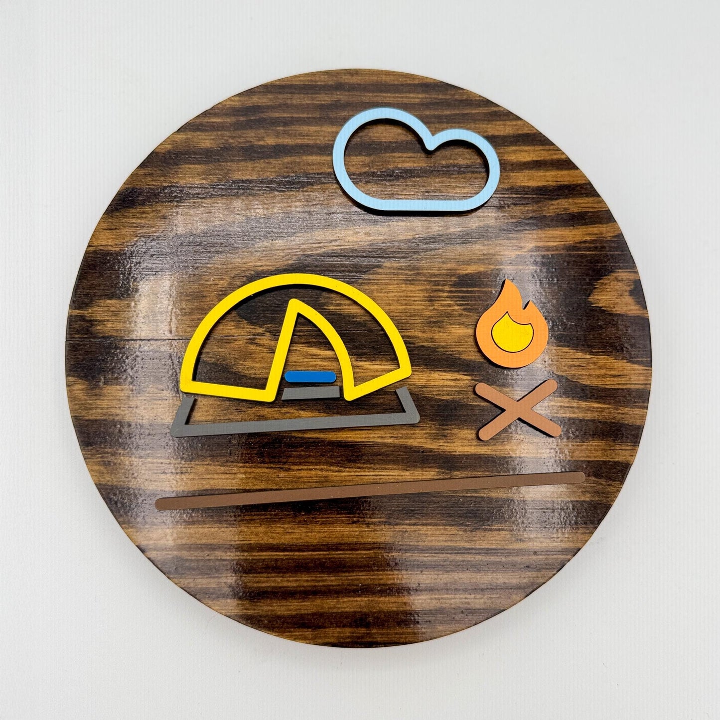 Minimalist Yellow Dome Tent Wall Art (8 x 8 inch round) | Laser Cut & Hand-Painted Wooden Sign for Cabin, Home, RV, man cave, den
