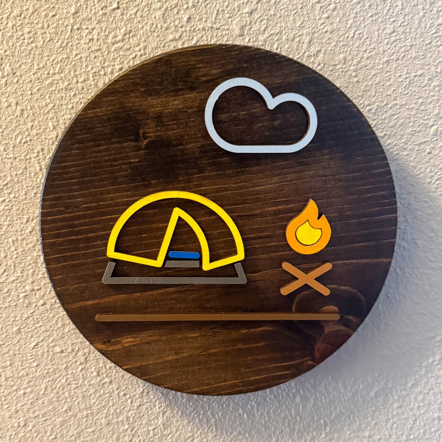 Minimalist Yellow Dome Tent Wall Art (8 x 8 inch round) | Laser Cut & Hand-Painted Wooden Sign for Cabin, Home, RV, man cave, den