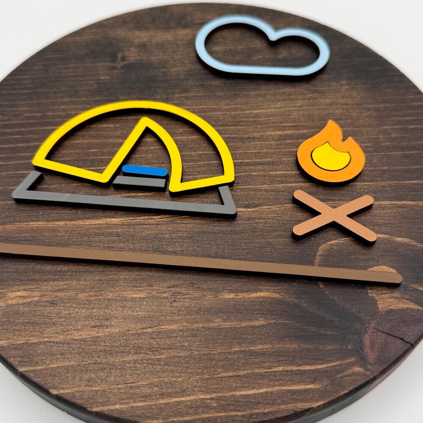 Minimalist Yellow Dome Tent Wall Art (8 x 8 inch round) | Laser Cut & Hand-Painted Wooden Sign for Cabin, Home, RV, man cave, den