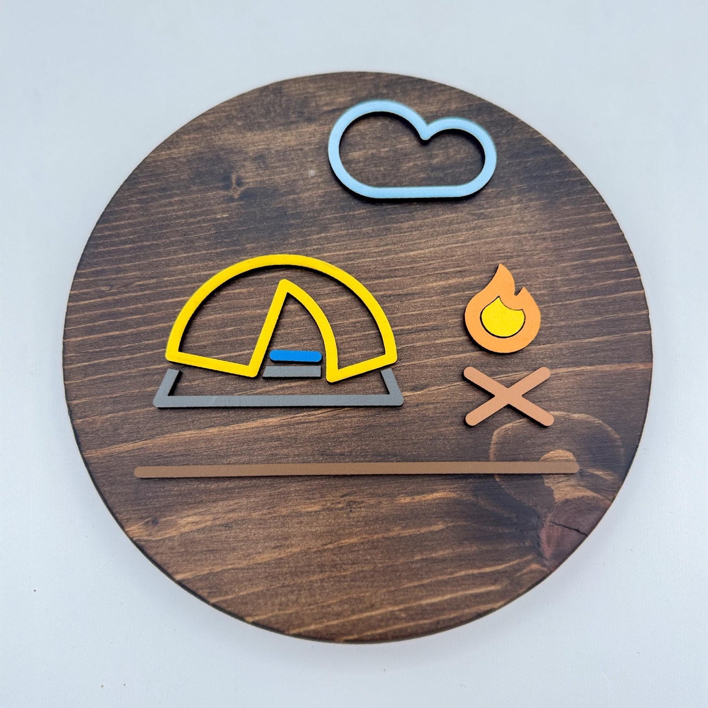 Minimalist Yellow Dome Tent Wall Art (8 x 8 inch round) | Laser Cut & Hand-Painted Wooden Sign for Cabin, Home, RV, man cave, den