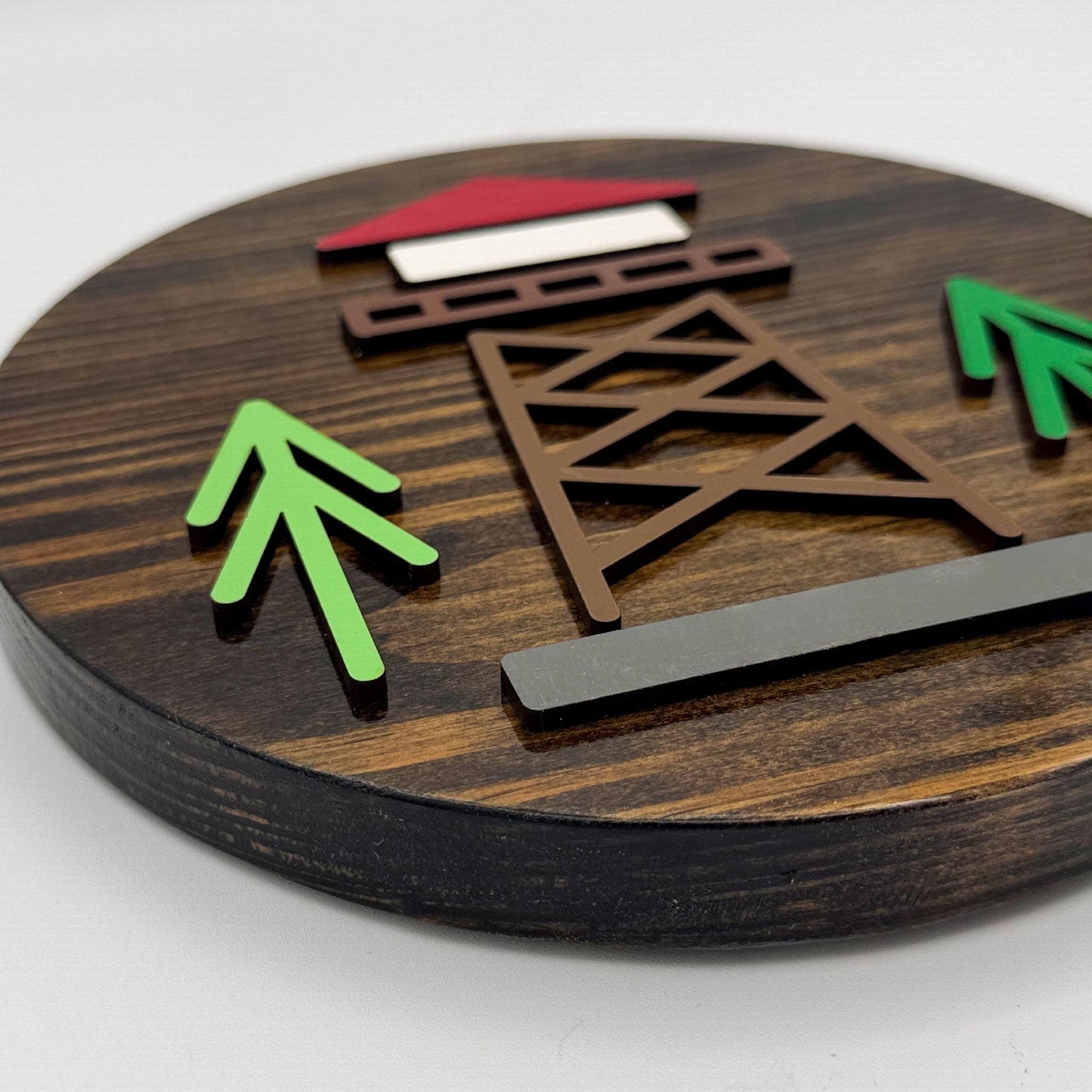 Minimalist Lookout Tower Wall Art (8 x 8 inch round) | Laser Cut & Hand-Painted Wooden Sign for Cabin, Home, RV, man cave, den