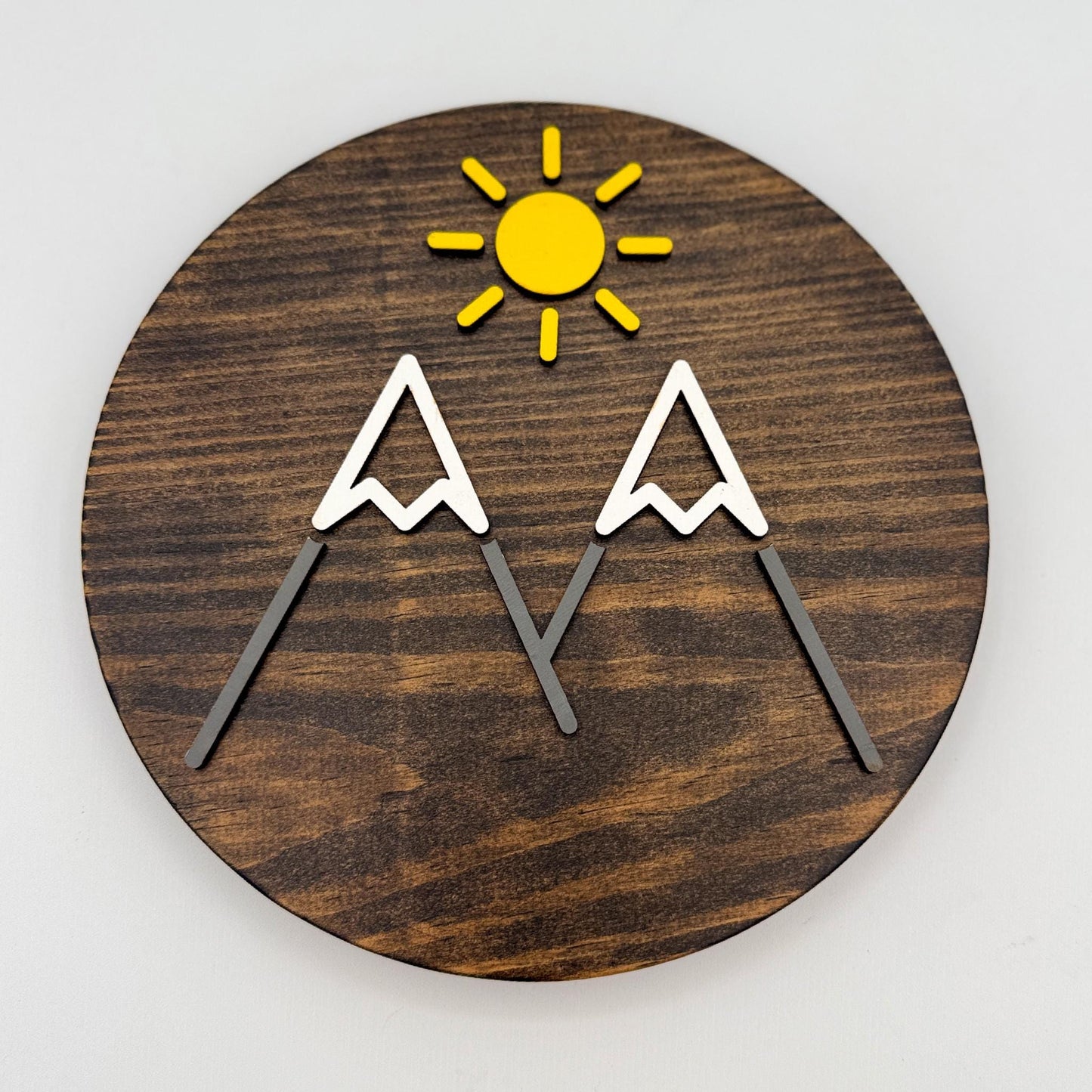 Minimalist Sunny Mountain Wall Art (8 x 8 inch round) | Laser Cut & Hand-Painted Wooden Sign for Cabin, Home, RV, man cave, den