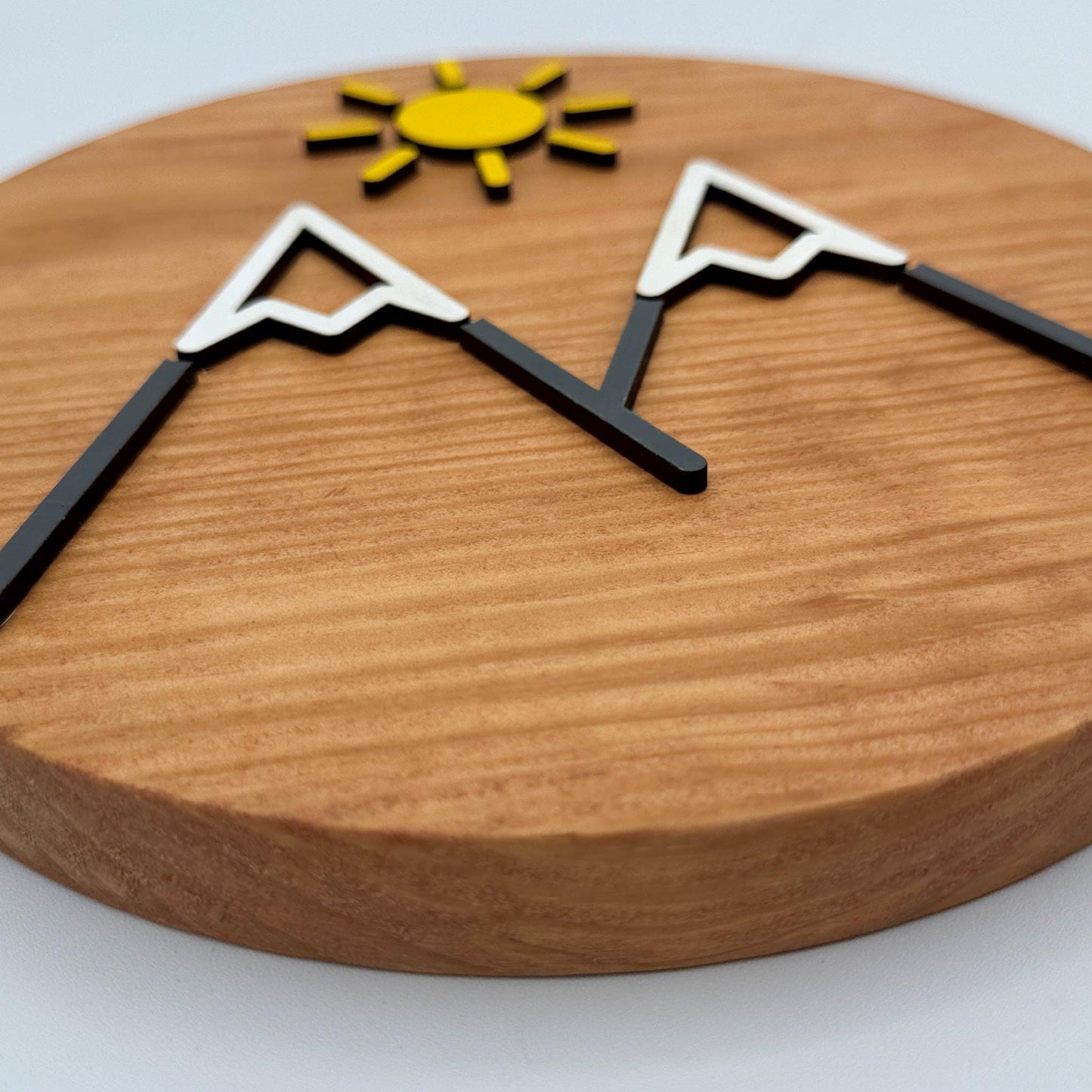 Minimalist Sunny Mountain Wall Art (8 x 8 inch round) | Laser Cut & Hand-Painted Wooden Sign for Cabin, Home, RV, man cave, den