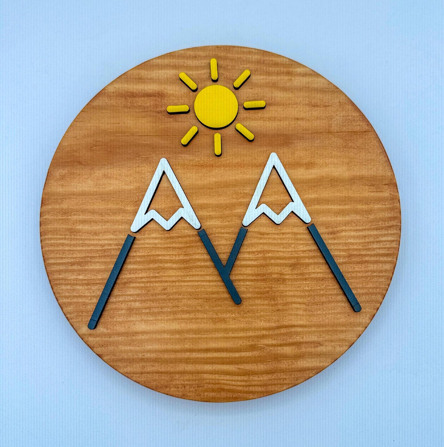 Minimalist Sunny Mountain Wall Art (8 x 8 inch round) | Laser Cut & Hand-Painted Wooden Sign for Cabin, Home, RV, man cave, den