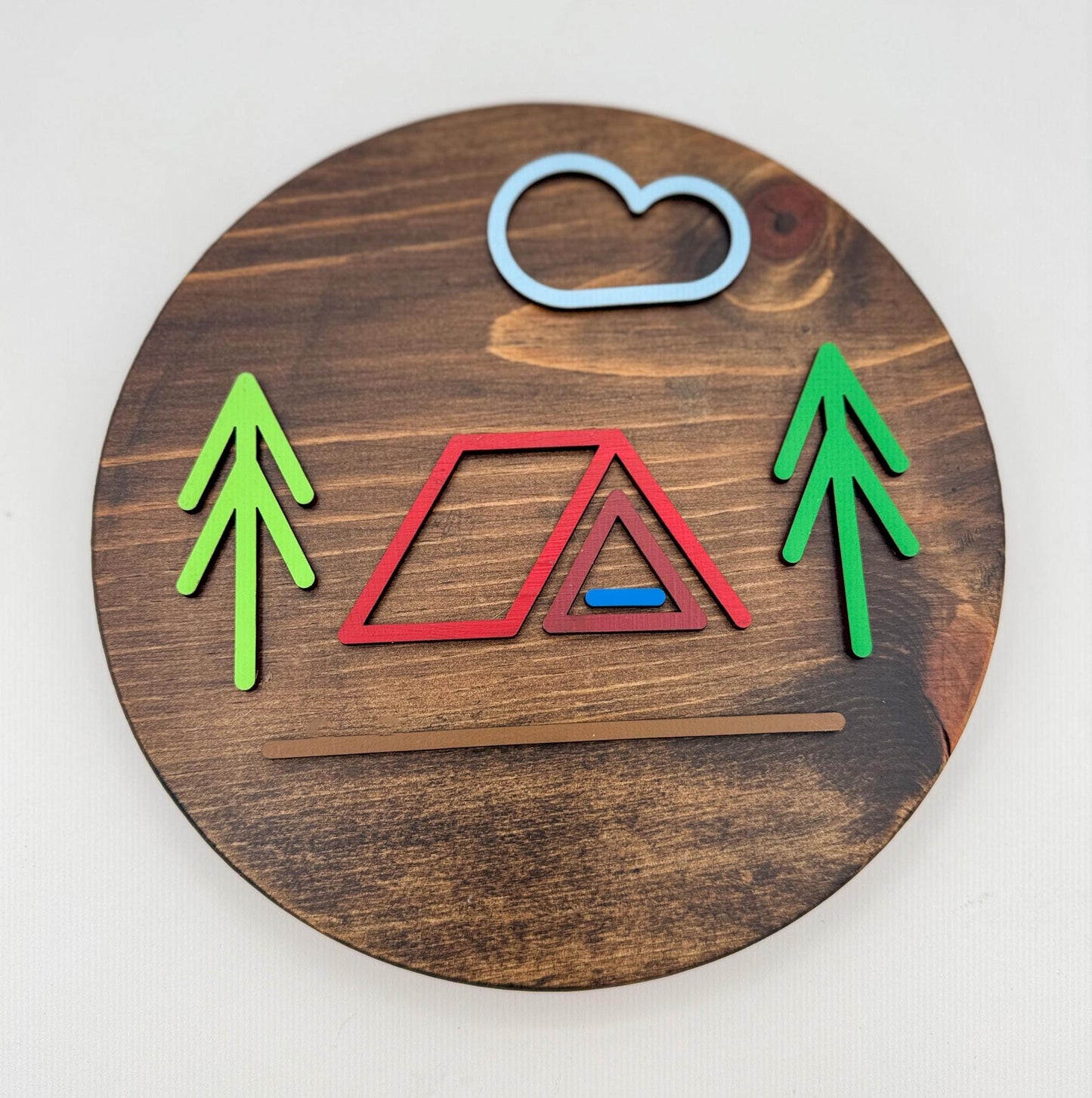 Minimalist Red A Frame Tent Wall Art (8 x 8 inch round) | Laser Cut & Hand-Painted Wooden Sign for Cabin, Home, RV, man cave, den