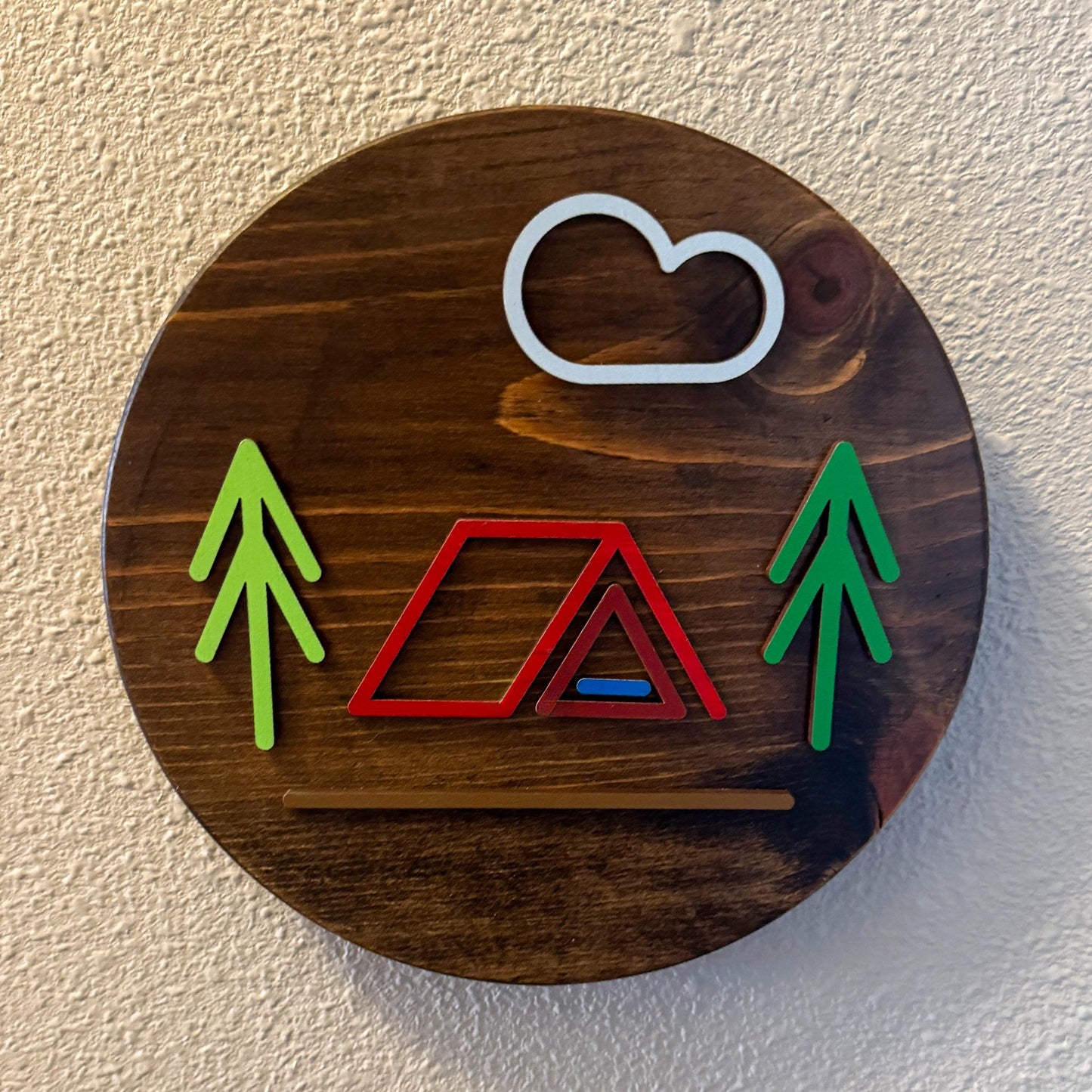 Minimalist Red A Frame Tent Wall Art (8 x 8 inch round) | Laser Cut & Hand-Painted Wooden Sign for Cabin, Home, RV, man cave, den