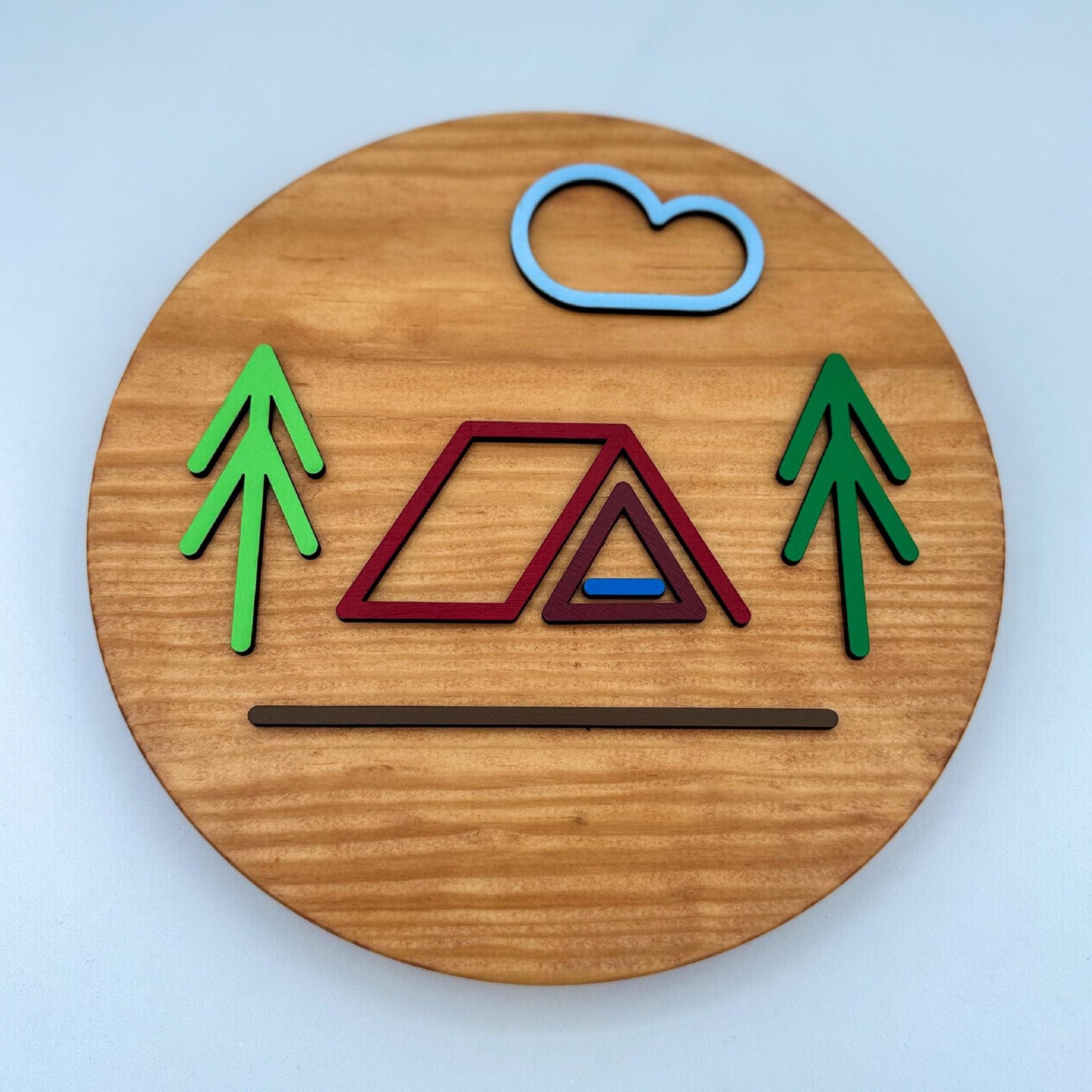 Minimalist Red A Frame Tent Wall Art (8 x 8 inch round) | Laser Cut & Hand-Painted Wooden Sign for Cabin, Home, RV, man cave, den