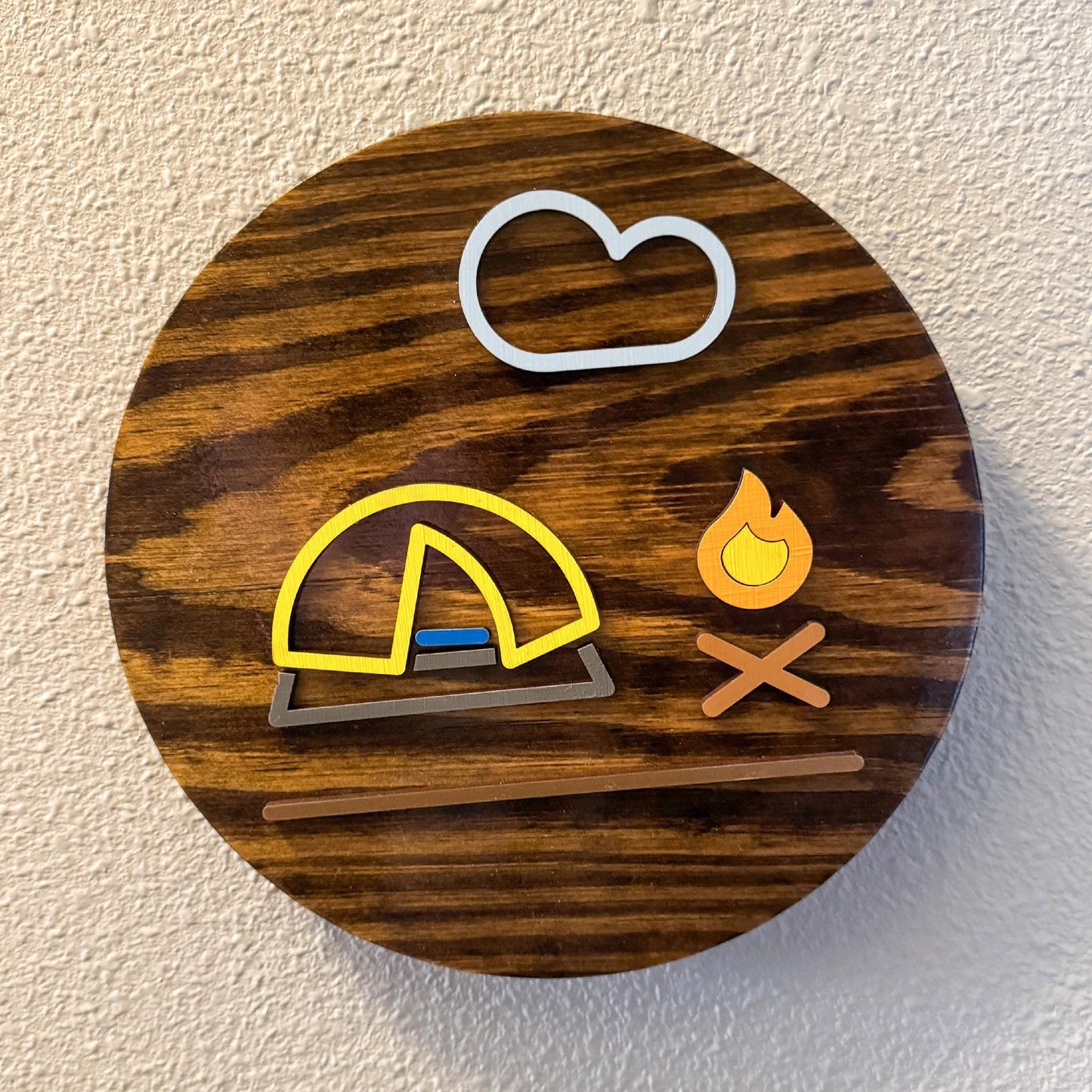 Minimalist Yellow Dome Tent Wall Art (8 x 8 inch round) | Laser Cut & Hand-Painted Wooden Sign for Cabin, Home, RV, man cave, den