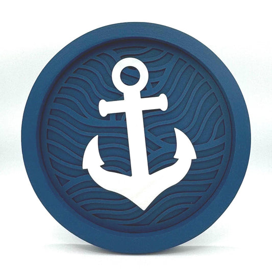 Anchor Wave Wall Art (12 inch round Navy Blue and white) Decor for a nautical home cape cod or coastal.