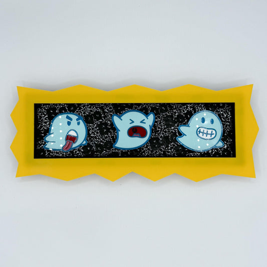 Ghost Trio Hanging Wall Art with Yellow Frame — cute and goofy, Spooky and Spoopy Halloween decor. Boo!