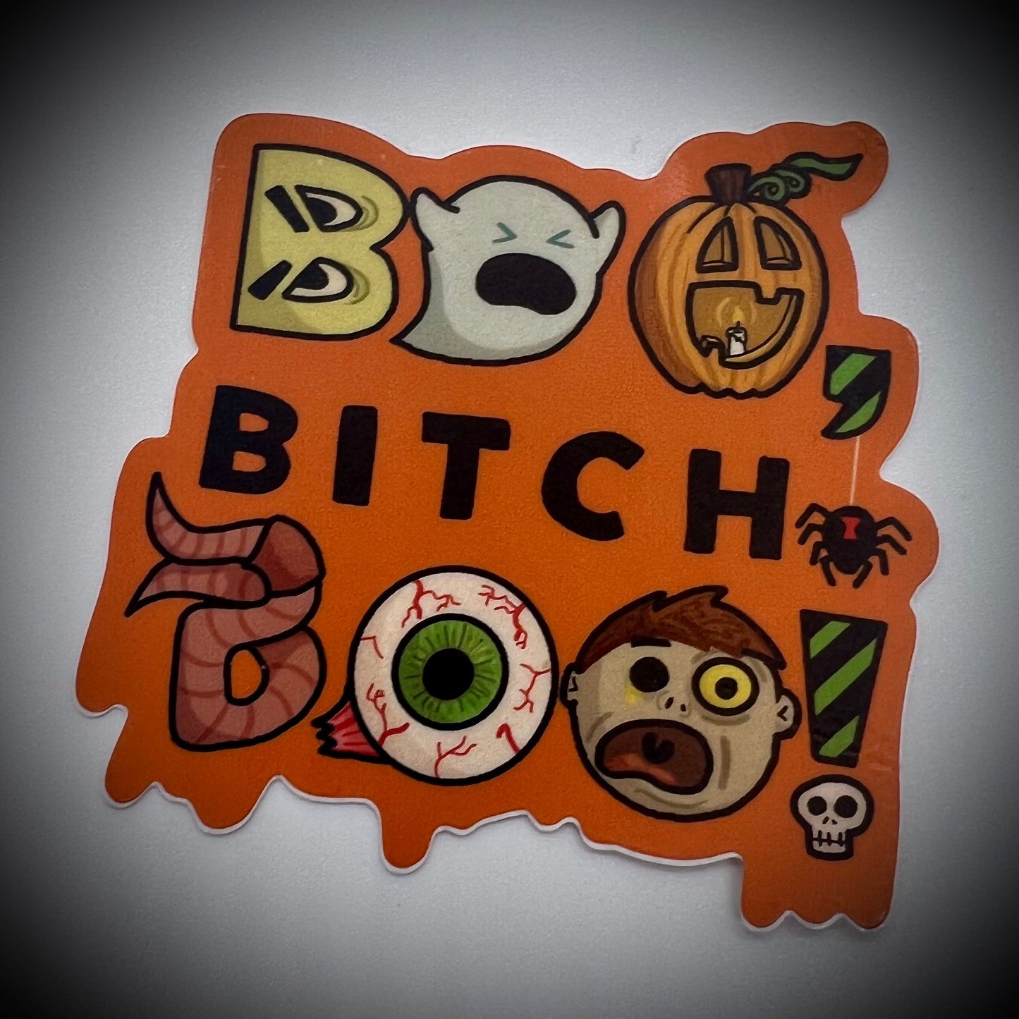 Halloween Decal Sticker — BOO! (Approx. 3 inch × 3 inch, waterproof) For water bottle, laptop, window, monsters, goblins, witches