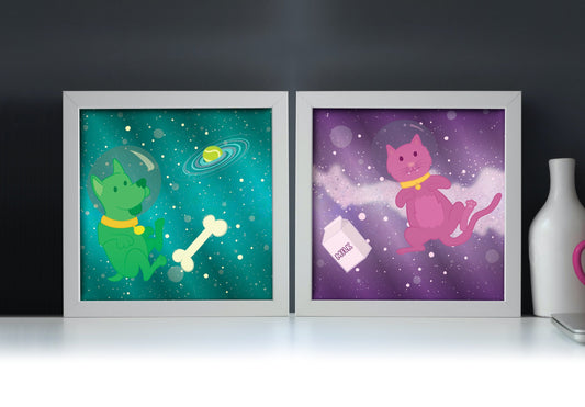 Space Puppy & Kitten Metallic Foil Prints (8 × 8 inches, Frame not included)