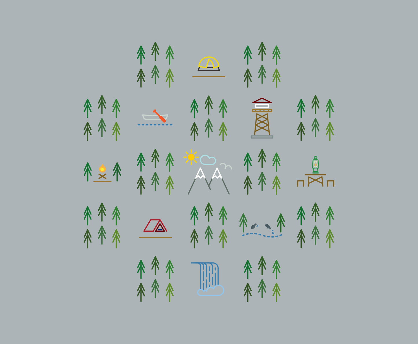 Outdoor minimal art print (10 × 8 in print, no frame) Trees, Mountains, camping, waterfalls, firewatch towers for campers, cabins, RV