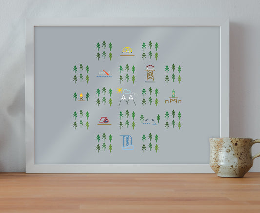 Outdoor minimal art print (10 × 8 in print, no frame) Trees, Mountains, camping, waterfalls, firewatch towers for campers, cabins, RV