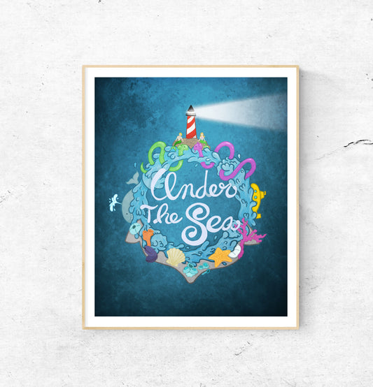 Under The Sea — 8 × 10 in Illustrated digital print (No frame) / Nautical Theme Print / Ocean Decor with mermaids, sea monsters, lighthouse
