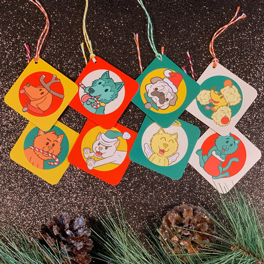 8 Gift Tag Set with Cats and Dogs Christmas Holiday Pet Theme (2.5 x 2.5 inch)