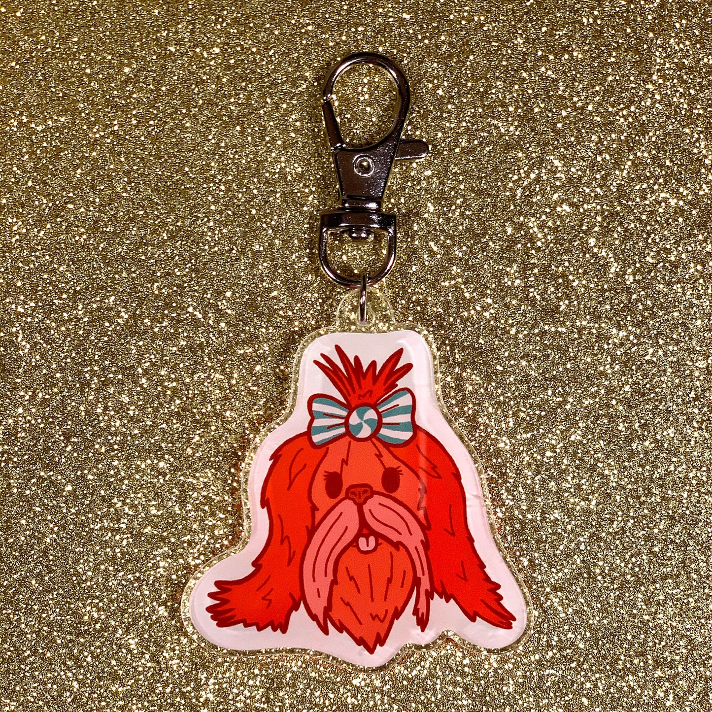 Holiday Dog Charm. Cute for Maltese or Lahsa Apso pup. Clip On Accessory (2 x 2 Inch “Peppermint The Christmas Dog”) Great Stocking Stuffer!