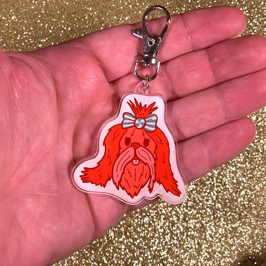 Holiday Dog Charm. Cute for Maltese or Lahsa Apso pup. Clip On Accessory (2 x 2 Inch “Peppermint The Christmas Dog”) Great Stocking Stuffer!