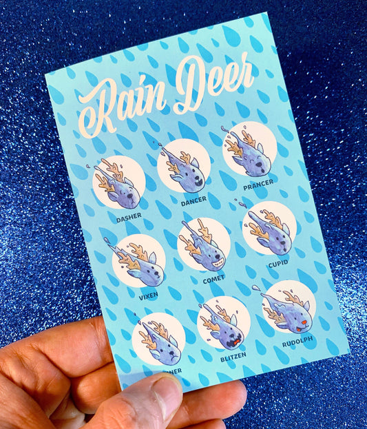 Rain Deer Christmas Card  (4 × 6 Inches folded, with Envelope) Your card for Seattle and Portland Rainy Christmas Reindeer Greetings