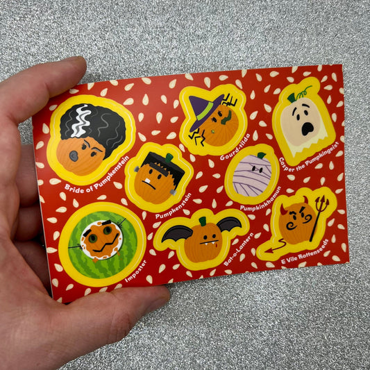 Pumpkins Sticker Sheet in Costumes (4” x 6”) witch, Frankenstein, bride, mummy, devil, bat and imposter