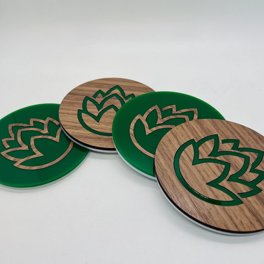 Beer Coaster Set (Four 3.75 inch round, laser cut Walnut plywood and acrylic coasters) Hops themed coasters for brewers, man cave, beer gift