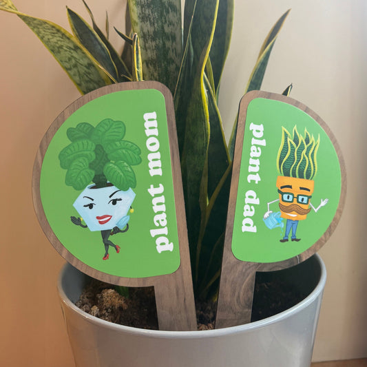 Plant Stakes — Plant Mom and Plant Dad (12 in x 4.5 in, Laser cut maple plywood plant stake for the Green thumb in your life)