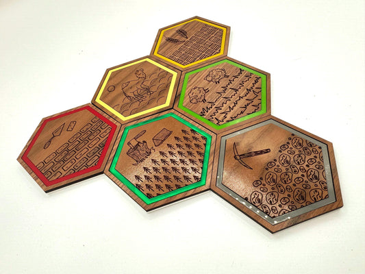 Settlers Resource Game Drink Coaster Set (Four 3.75 inch hexagon, laser cut Walnut plywood and acrylic coasters)