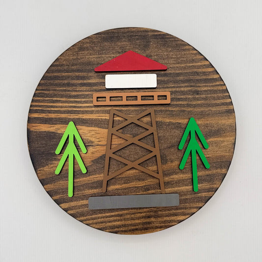 Minimalist Lookout Tower Wall Art (8 x 8 inch round) | Laser Cut & Hand-Painted Wooden Sign for Cabin, Home, RV, man cave, den