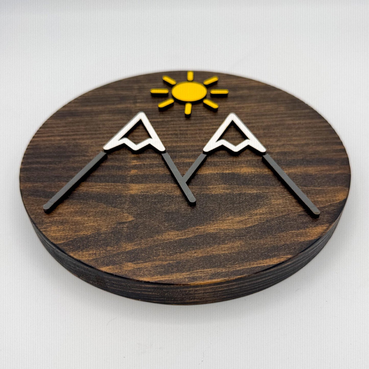 Minimalist Sunny Mountain Wall Art (8 x 8 inch round) | Laser Cut & Hand-Painted Wooden Sign for Cabin, Home, RV, man cave, den