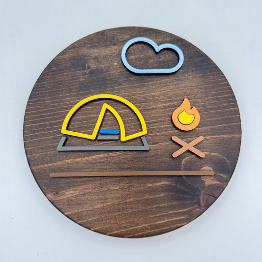 Minimalist Yellow Dome Tent Wall Art (8 x 8 inch round) | Laser Cut & Hand-Painted Wooden Sign for Cabin, Home, RV, man cave, den