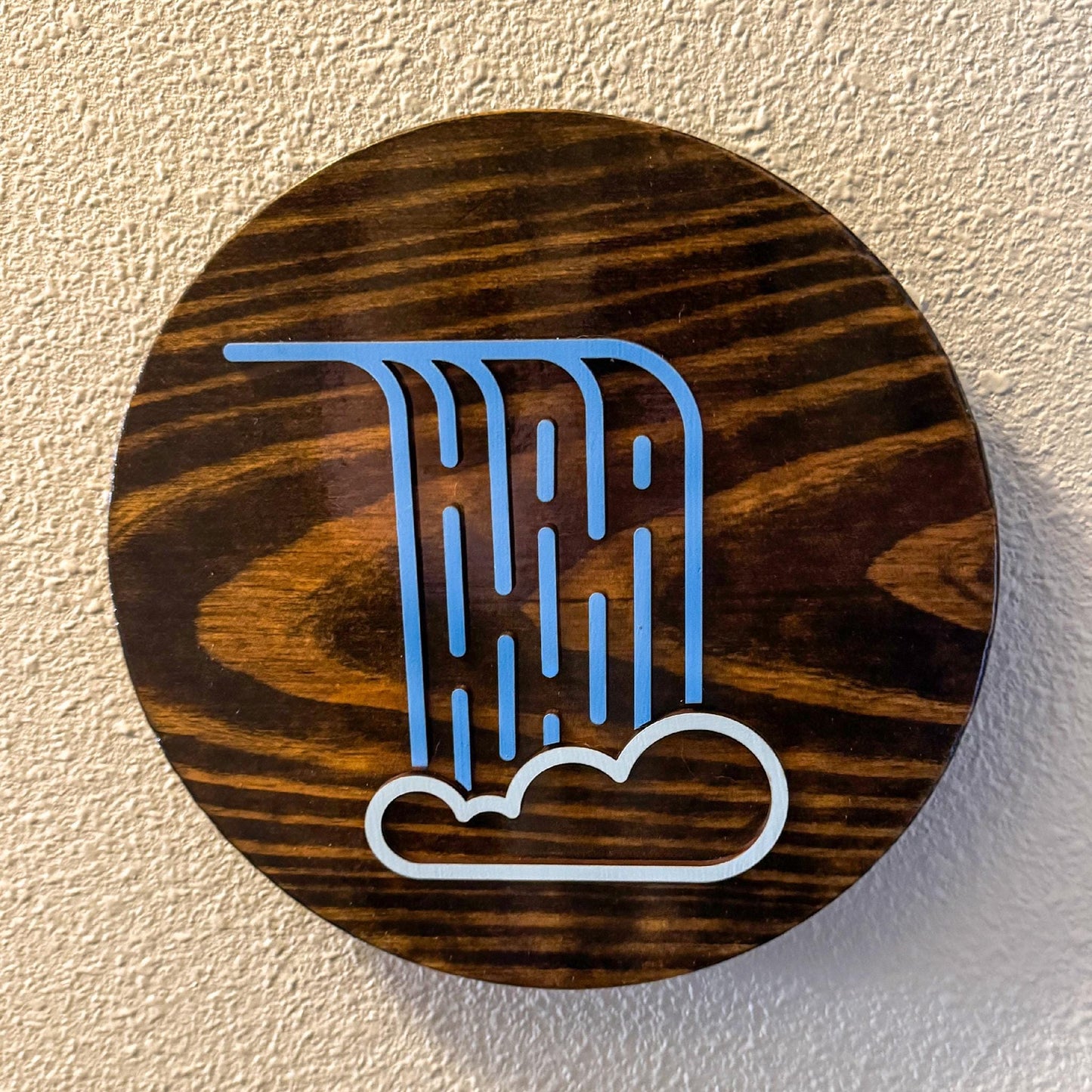 Minimalist Waterfall Wall Art (8 x 8 inch round) | Laser Cut & Hand-Painted Wooden Sign for Cabin, Home, RV, man cave, den