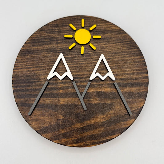 Minimalist Sunny Mountain Wall Art (8 x 8 inch round) | Laser Cut & Hand-Painted Wooden Sign for Cabin, Home, RV, man cave, den