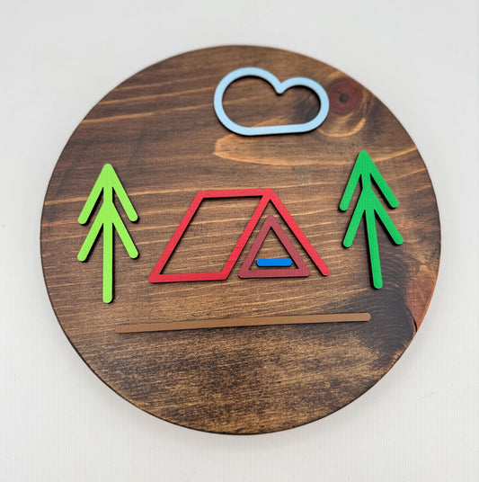 Minimalist Red A Frame Tent Wall Art (8 x 8 inch round) | Laser Cut & Hand-Painted Wooden Sign for Cabin, Home, RV, man cave, den