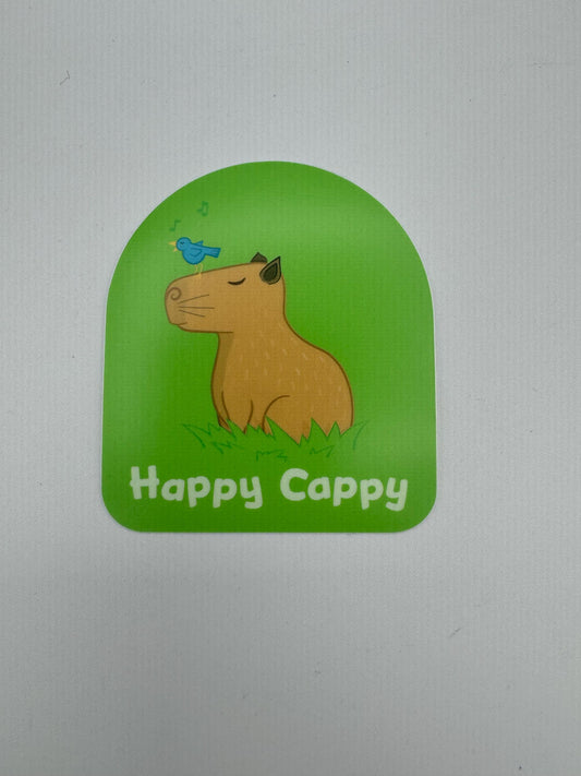 Happy Cappy Vinyl Sticker Decal (2.5 inch × 3 inch)  Cute Capybara with bird | for hydroflask water bottle, laptop, car window, small gift